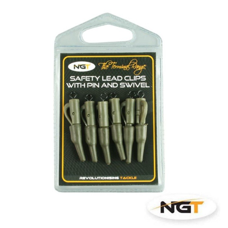 Švino prikabinimo laikiklis su suktuku NGT safety lead clips with pin, swivel and tail rubbers 6